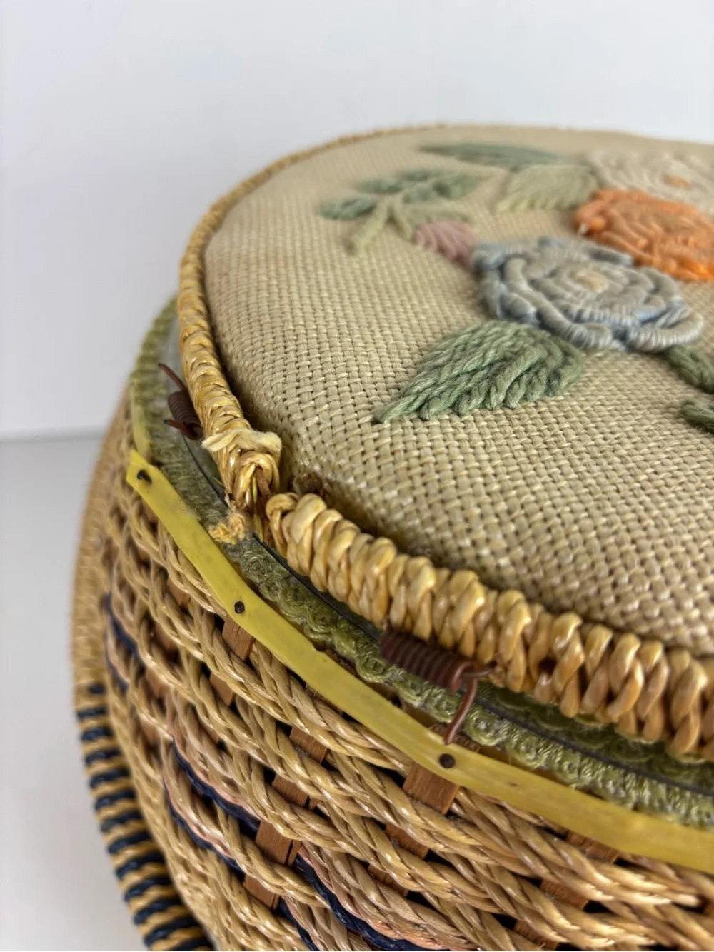 Vintage Sewing Basket-Round w/ Embroidered Floral Lid-Granny Chic